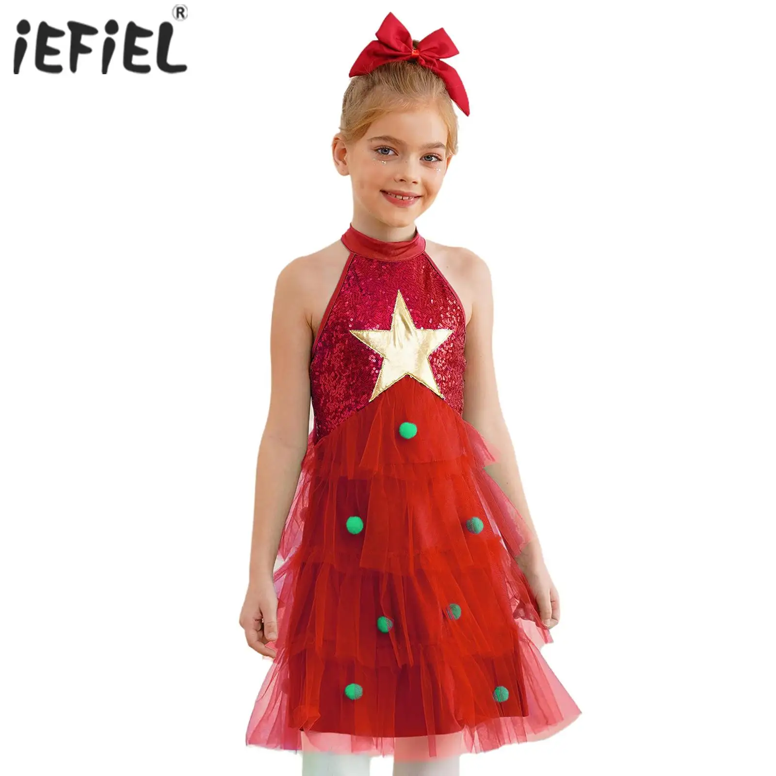 Kids Girls Elf Christmas Costume Sleeveless Tiered Tutu Dress Sequins Pompoms Mesh Dress Xmas Party Dress Santa Clause Clothes