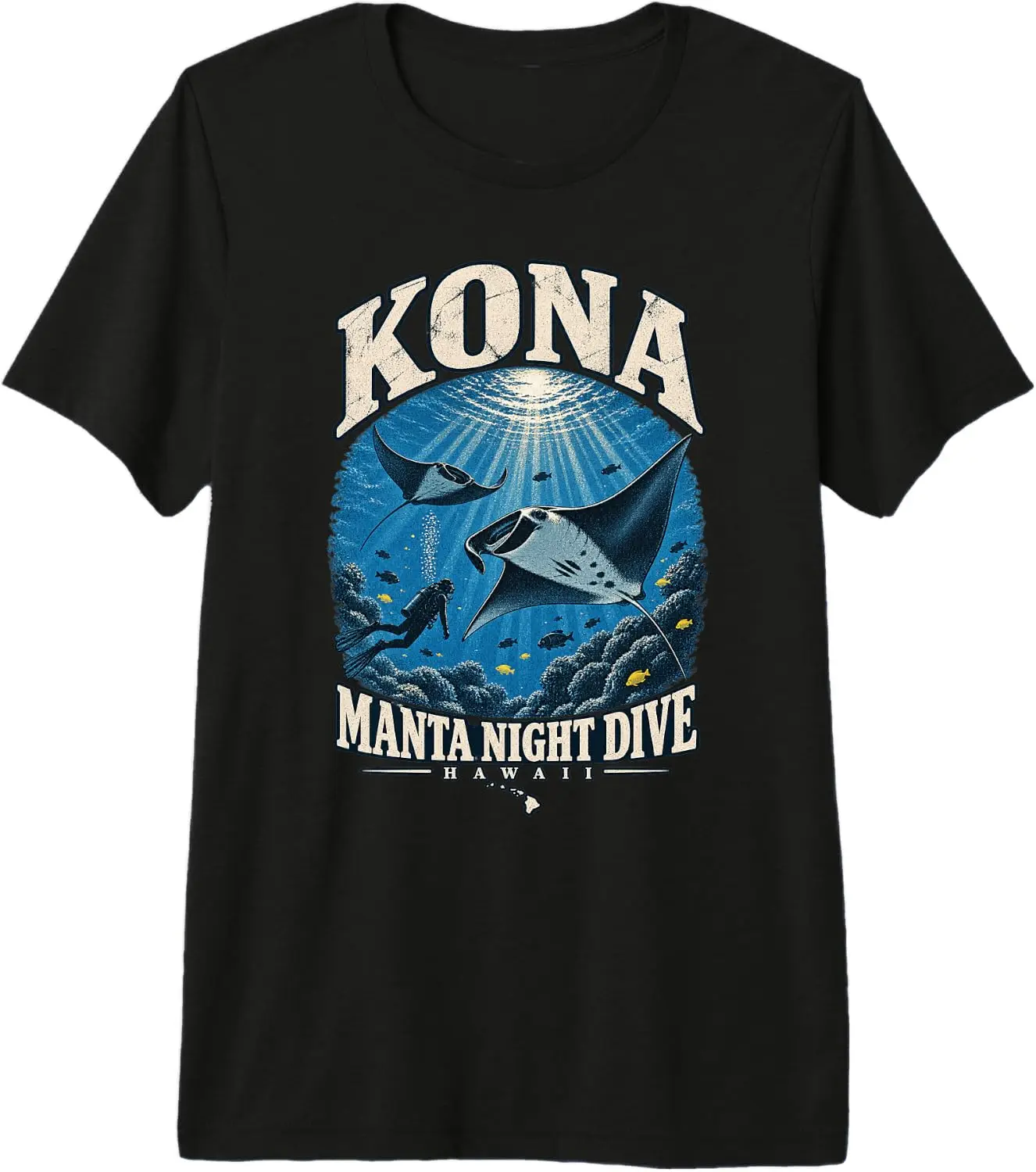Kona After-Dark Reef Manta Scuba Diving Hawaii Premium Tri-Blend T-Shirt Men Casual Graphic Print T‑Shirt Crew Neck Short Sleeve Vintage Street Style Soft Fabric Daily Wear Tops.holiday festive,party wear,theme print tee.