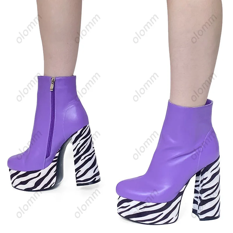 

Olomm Handmade Women Platform Winter Ankle Boots Zebra Chunky Heels Round Toe Fabulous Fuchsia Party Shoes Plus Size 35 43 45 47