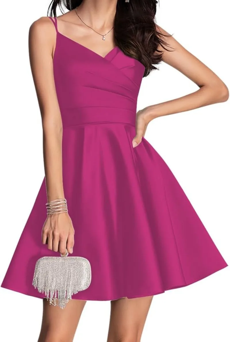 CustomizedSexy V-neck Sleeveless Homecoming Dress Elegant Solid Color Slim Waist Cocktail Dresses Satin A-line Vestidos De Noche