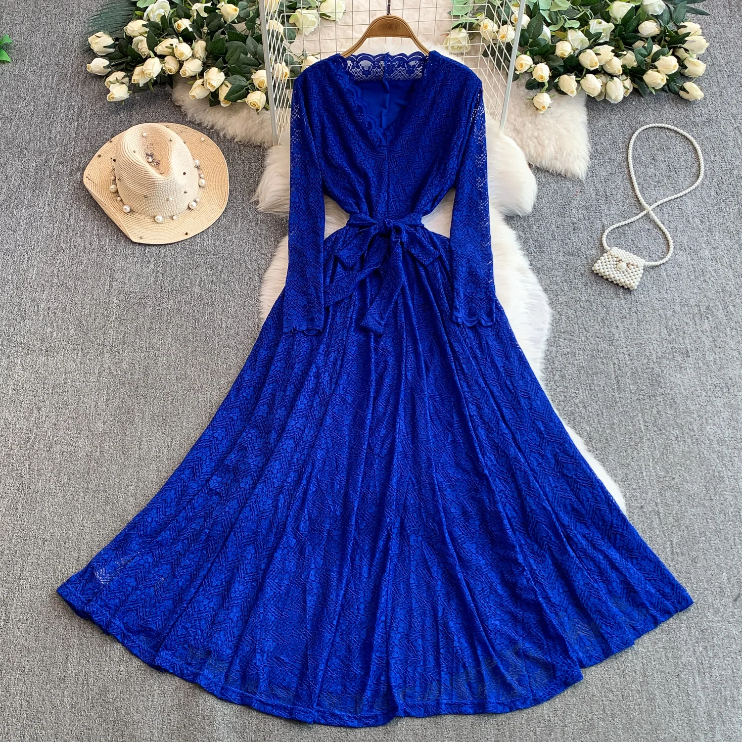 فساتين أنيقة بأكمام طويلة ورقبة على شكل حرف V من الدانتيل أنيقة لحفلات الجنية فستان صيفي رائع ملابس نسائية فستان على شكل حرف A #3