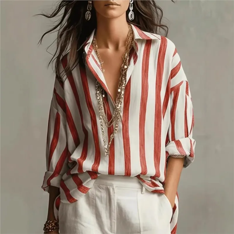 

Элегантная льняная дышащая рубашка с принтом в полоску и отложным воротником, модная повседневная свободная рубашка с длинным рукавом, летняя женская одежда