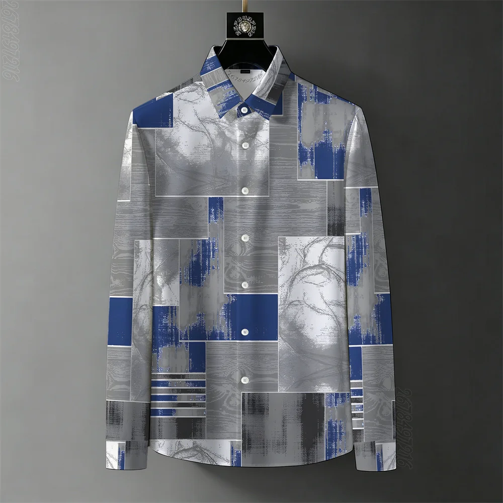 

Men's wrinkle-free printed shirt, color-blocked design, long-sleeved shirt, fashionable and versatile top for spring and autumn.