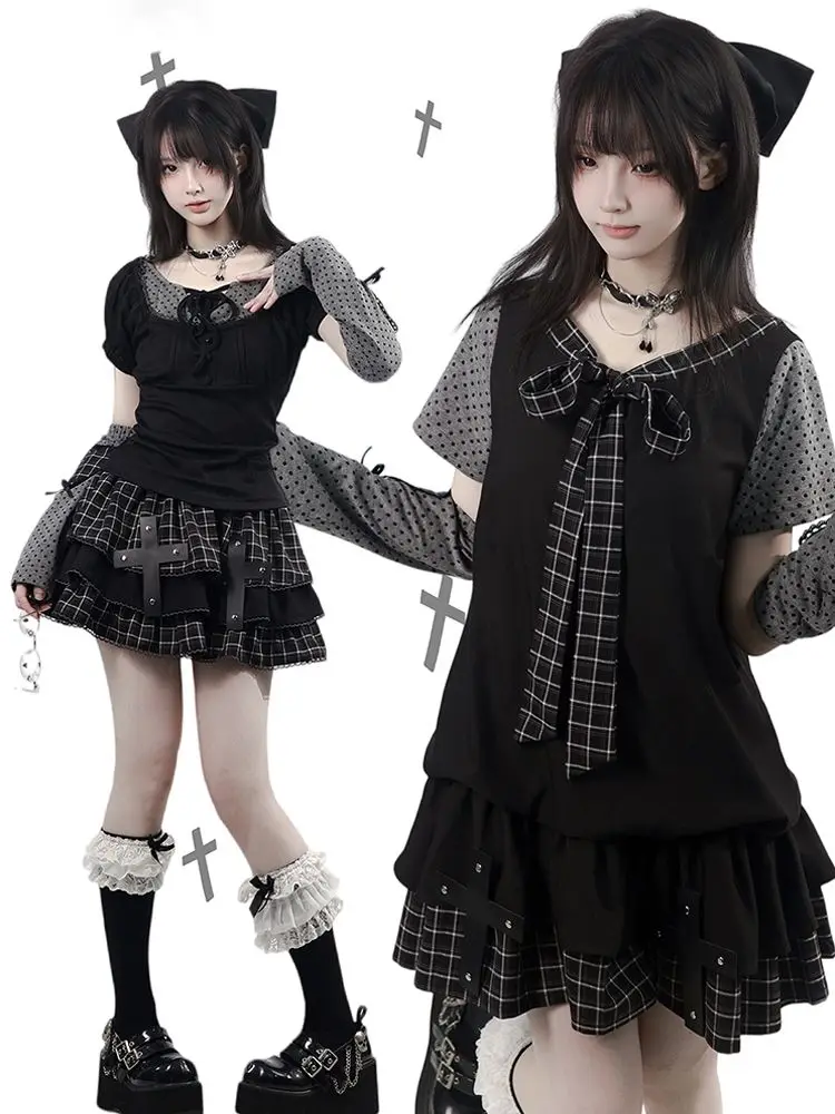 Summer Korean Gothic Dark Women's 2 Piece Set Grey Cap Sleeve Tops + Pleated High Waist Plaid Skirt Chic Spicy Girl Outfits 2026