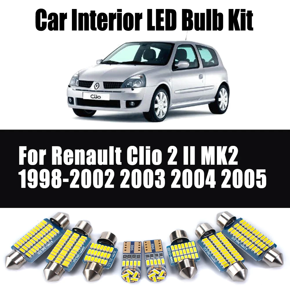 8 Uds para Renault Clio 2 II MK2 1998-2002 2003 2004 2005 vehículo LED Interior cúpula mapa lámpara Kit de luz bombillas de lectura de coche Canbus