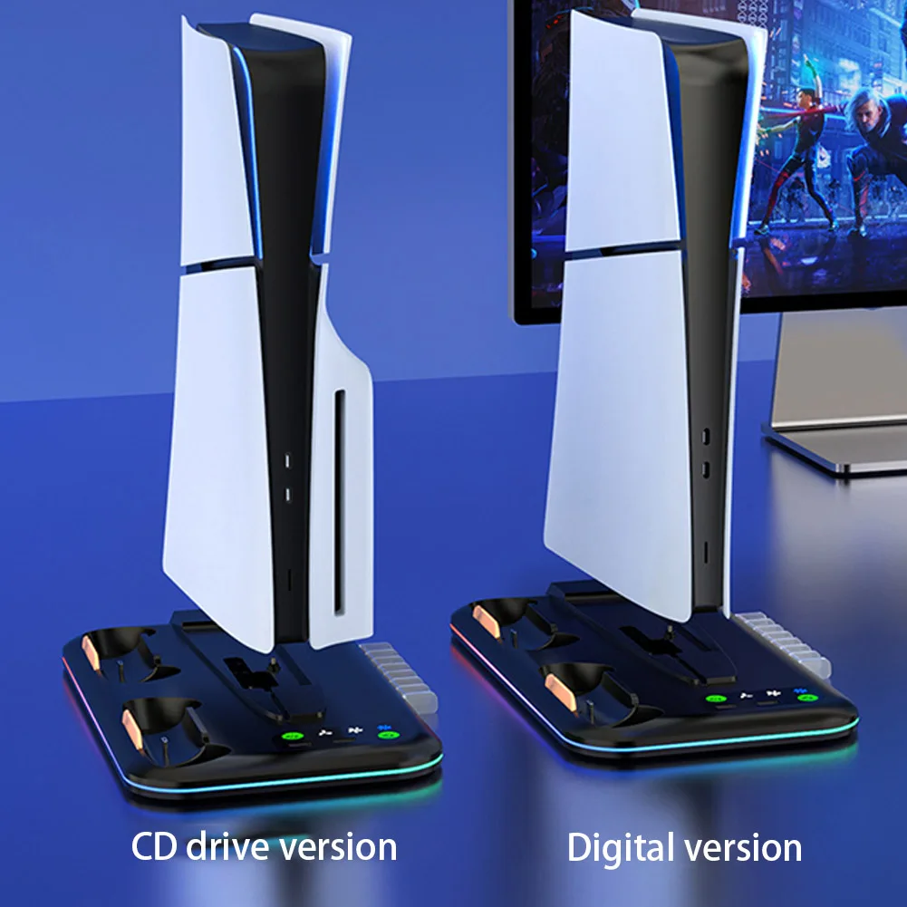 For PS5 Slim Console Cooling Stand Controller Charger W/ RGB Lights Controller Charging Dock Game Slot for PS5 Slim Disc&Digital