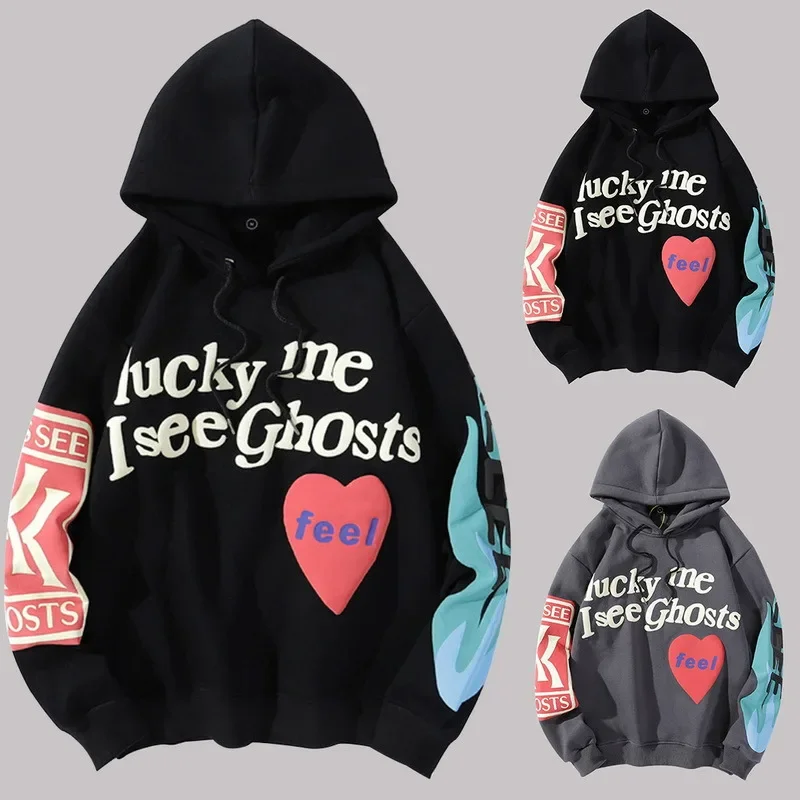 Harajuku Weirdo Graffiti Letter Printed Hoodies Men 2024 Lucky Me I See Ghosts Mens Hooded Sweatshirt Fleece Pullover Streetwear