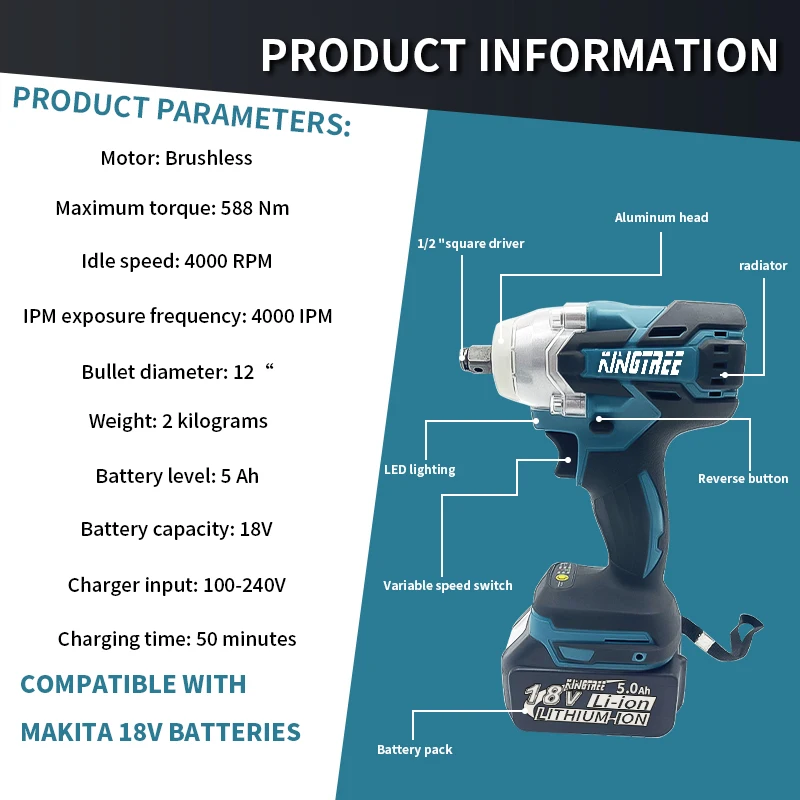 Imagem -02 - Kingtree-brushless Chave de Impacto Elétrica Cordless High Torque Ferramenta Elétrica para Makita 18v Bateria 588n.m 2