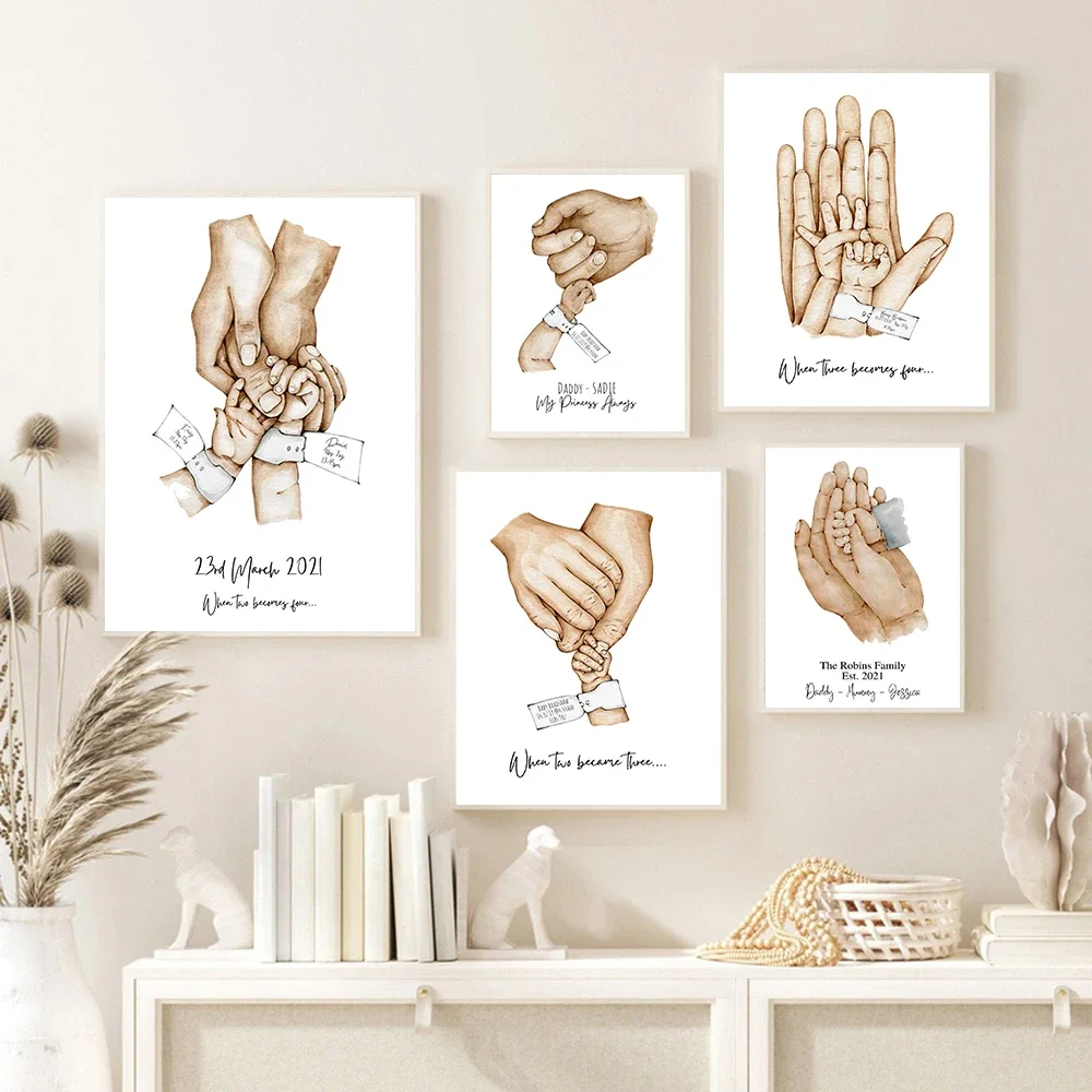(2D Canvas painting) Family Newborn Hands Art Poster Print Baby Birth Pictures Father's Day Gift Nordic Wall Canvas Painting
