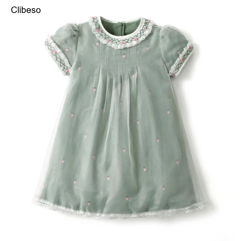 Clibeso 2024 Infant Flower Embroidery Dress Children HandMade Dresses Girls Smocked 1-6 Years Kids Birthday Baptism Clothes