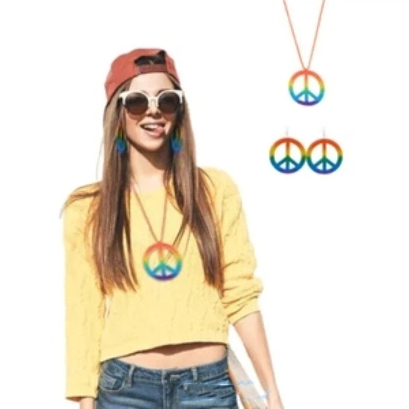 

Rainbow Peace Sign Necklace Earrings Set Hippie Costume Accessories 60s 70s Retro Hippy Outfit for Halloween Carnival Cosplay