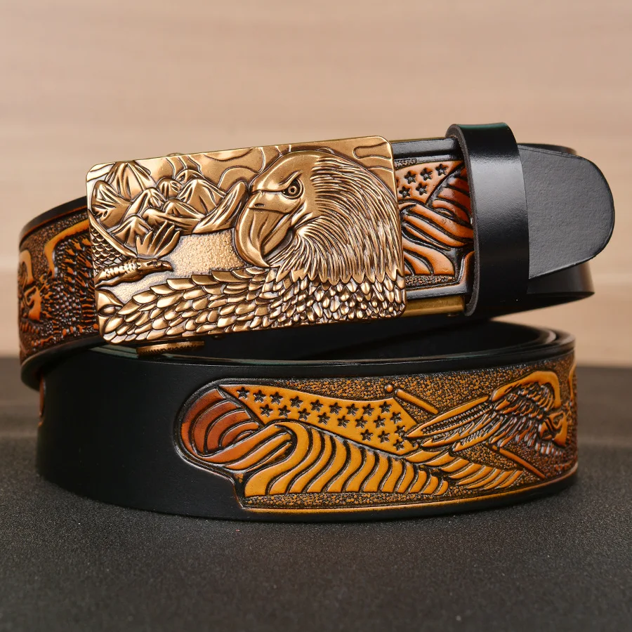 Personalized jeans with cowhide men's belt, eagle spreading wings, embossed automatic buckle belt