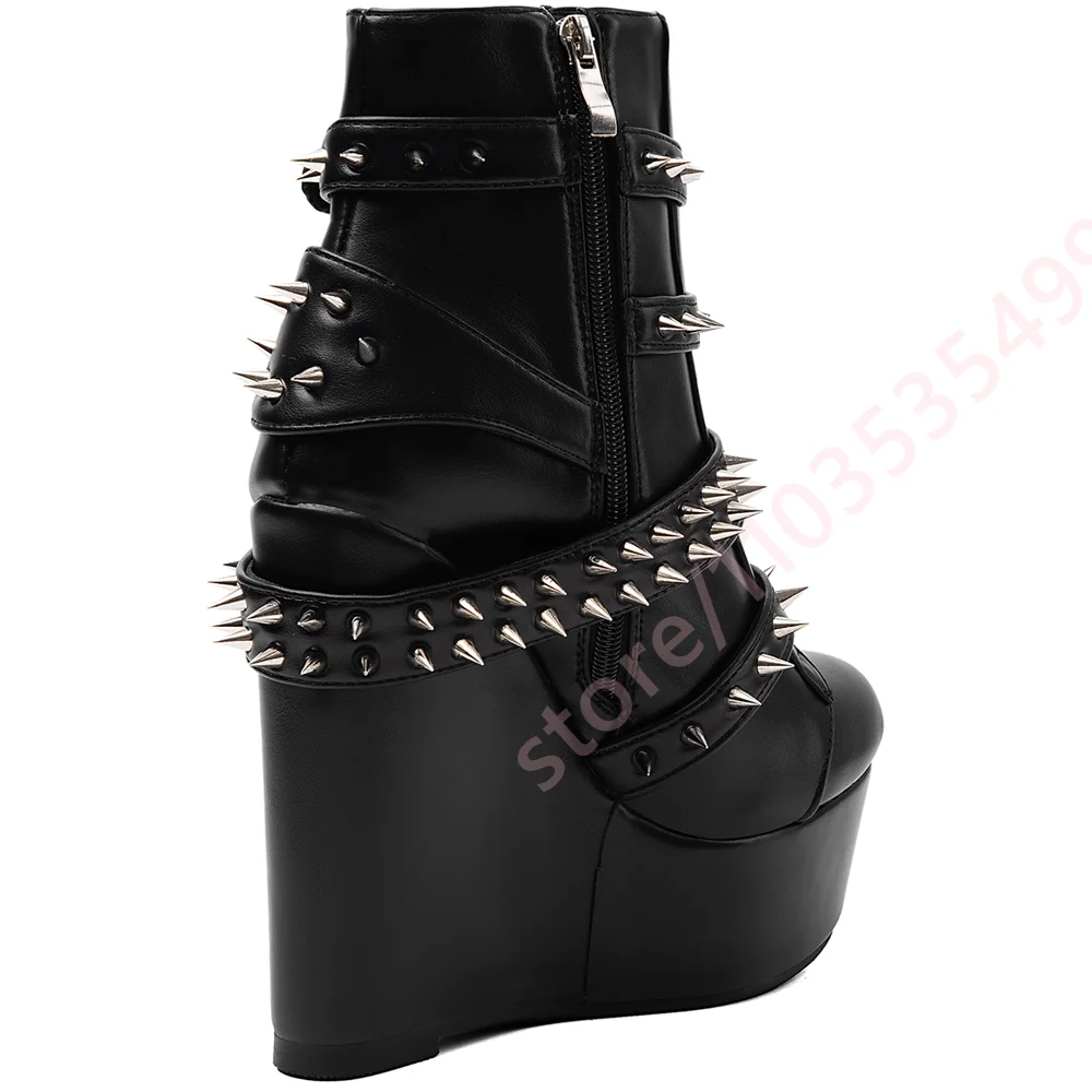 Women Gothic Platform Wedge Ankle Boots Spike Studded Buckle Strap Punk Rock High Heel Boots Fashion Party Cosplay Short Boots