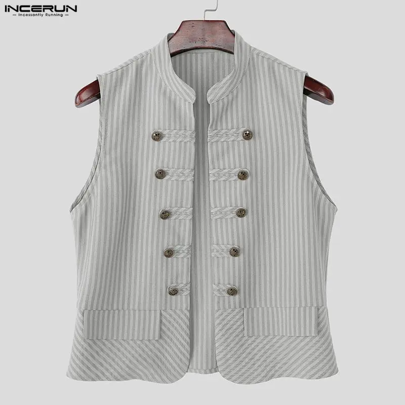 

INCERUN Men Vests Striped Stand Collar Sleeveless Open Stitch Male Waistcoats Streetwear 2026 Fashion Casual Crop Vests For Man