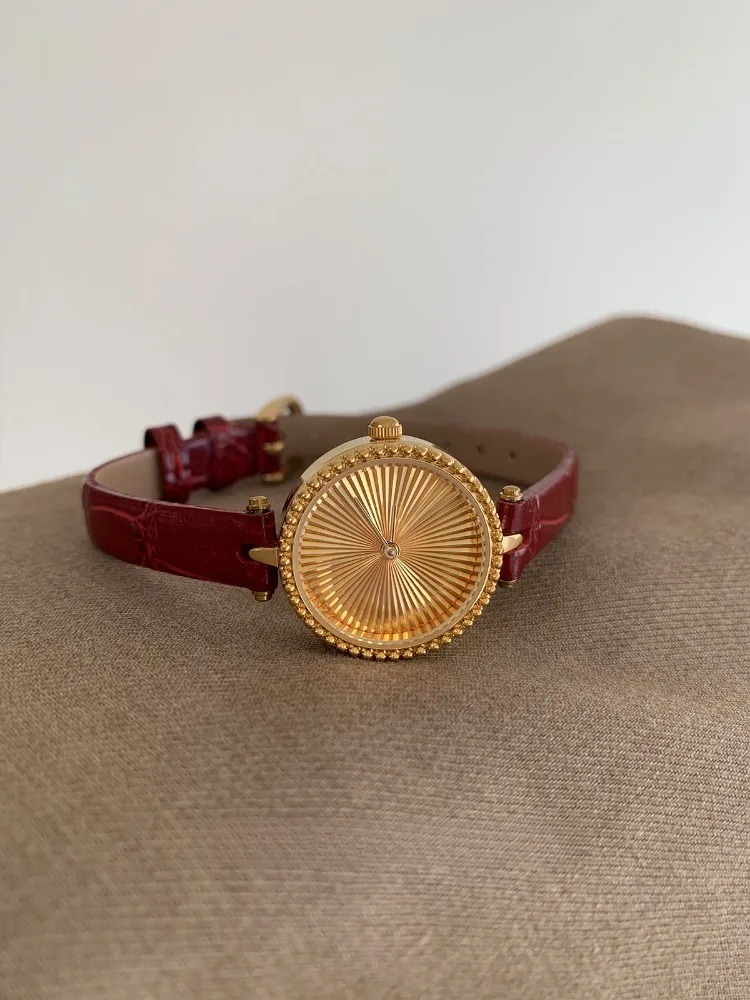 Vintage Copper Gold Dial Lady Bracelet Christmas Genuine Leather Luxury Women Watch Quartz