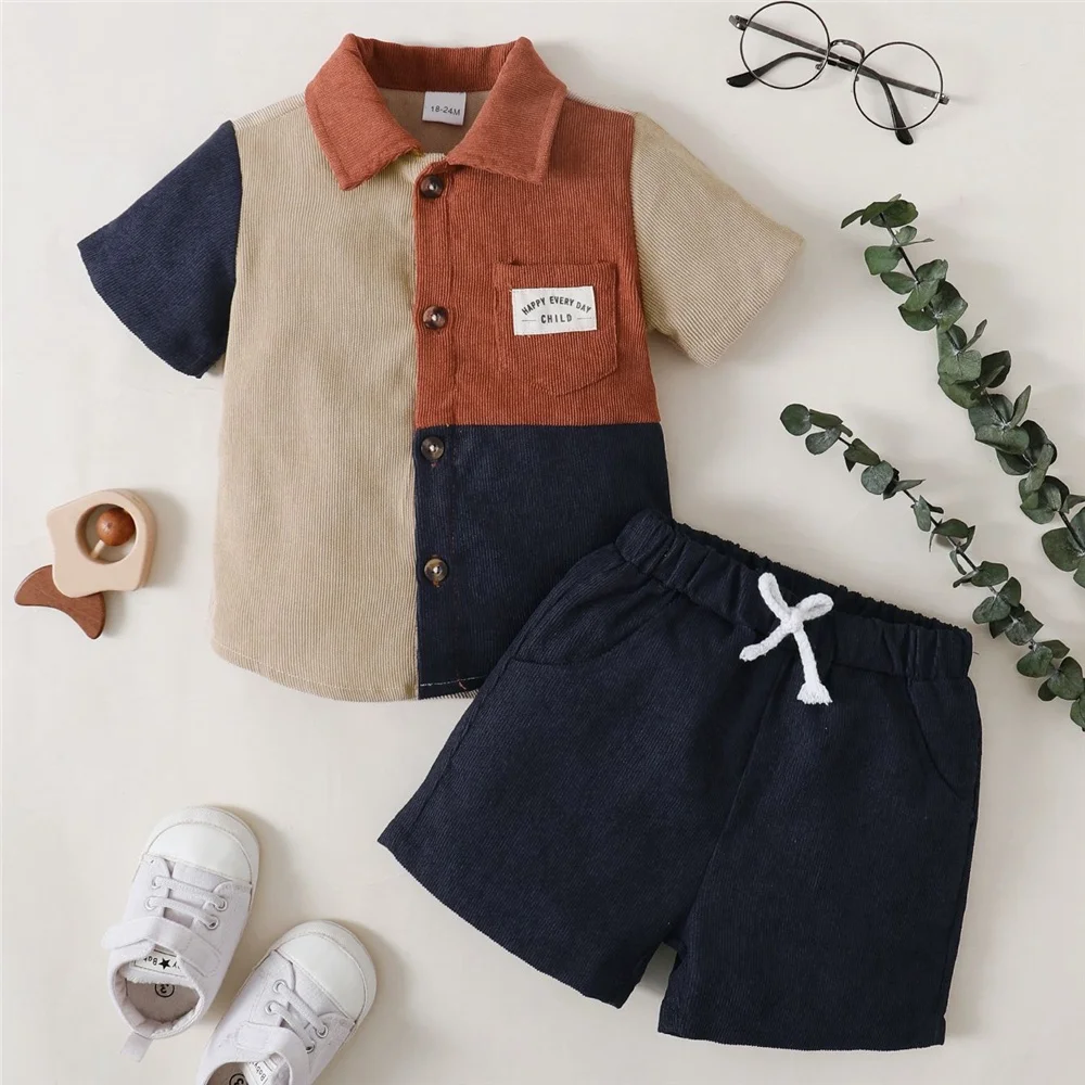 1-6 Years Kids Boy 2PCS Suit Color Blocking Shirt+Solid Color Shorts Handsome All Match Wear Summer Daily Clothes for Boy