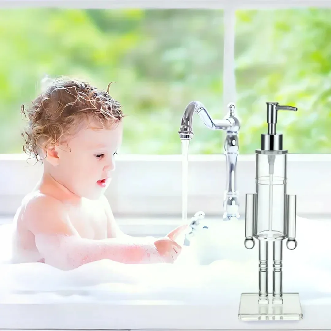 

Humanoid transparent acrylic soap dispenser, hygienic and reusable, suitable for bathroom liquid containers in family hotels