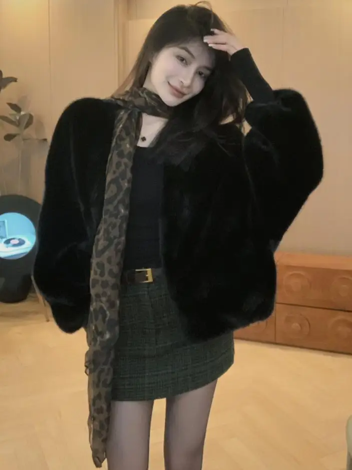 

Zhan Dajiang Faionable mat High-End Feeling Loose V-Ne Ele Color Winter oulder-Drift Sle Plu Coat