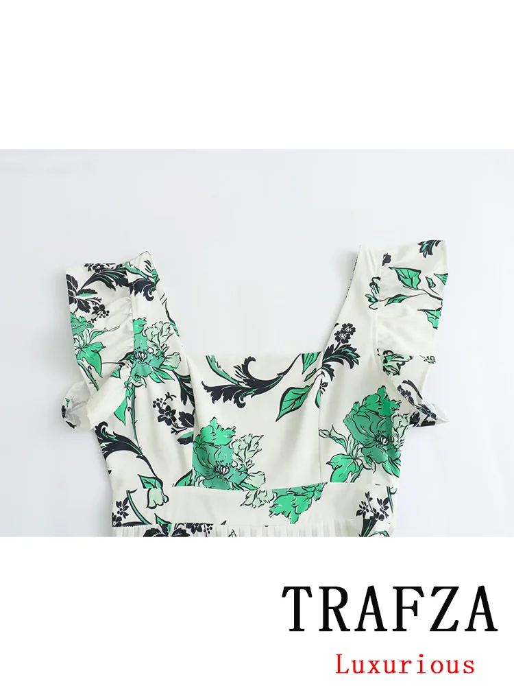 TRAFZA Vintage Flower Print Chic Women Dress Square Collar Flying Sleeve Cami Dress New Fashion 2024 Summer Ruffles Dress