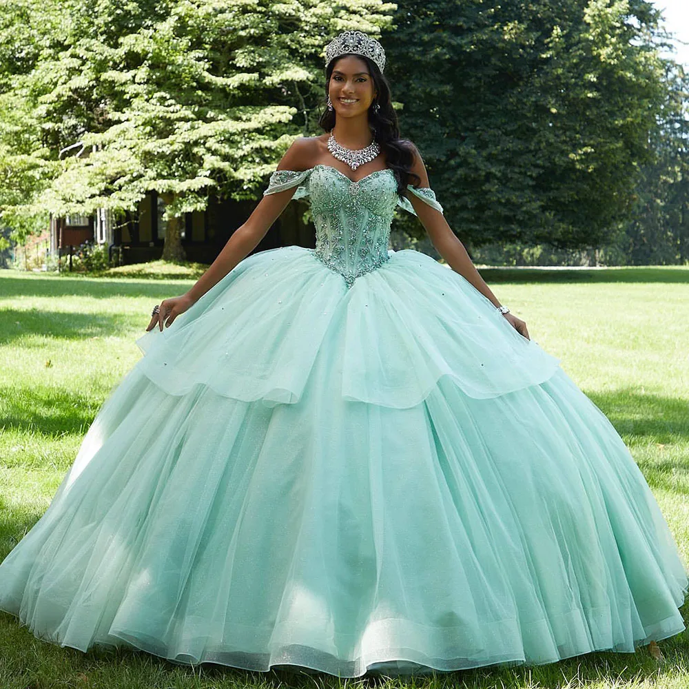 Vestido De princesa quincienara con hombros descubiertos, apliques De cuentas, dulce 16, graduación, 15 Años, Quinceañeras