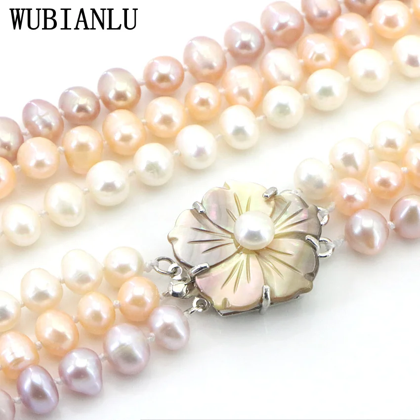 WUBIANLU 3 Row 7-8mm White Freshwater Pearl Necklace Chain Floral Buttons Jewelery Women Girl Banquet 17-19 InchFashion Charming