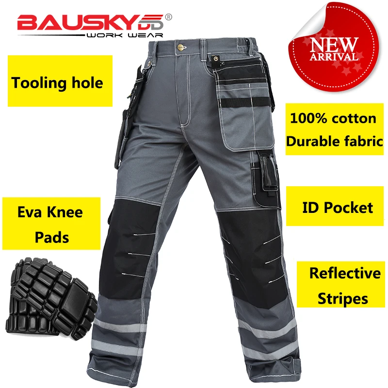 Bauskydd Mens carperner 100% cotton grey reflective work trousers with eva  knee pads work pants men