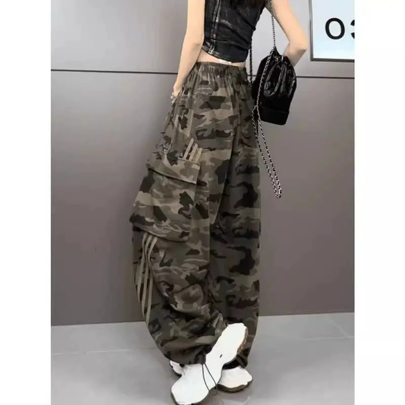 Spring Summer New Trend All-match Camouflage Elastic Waist Straight Female Vintage High Waist Pocket Trousers Women Clothing