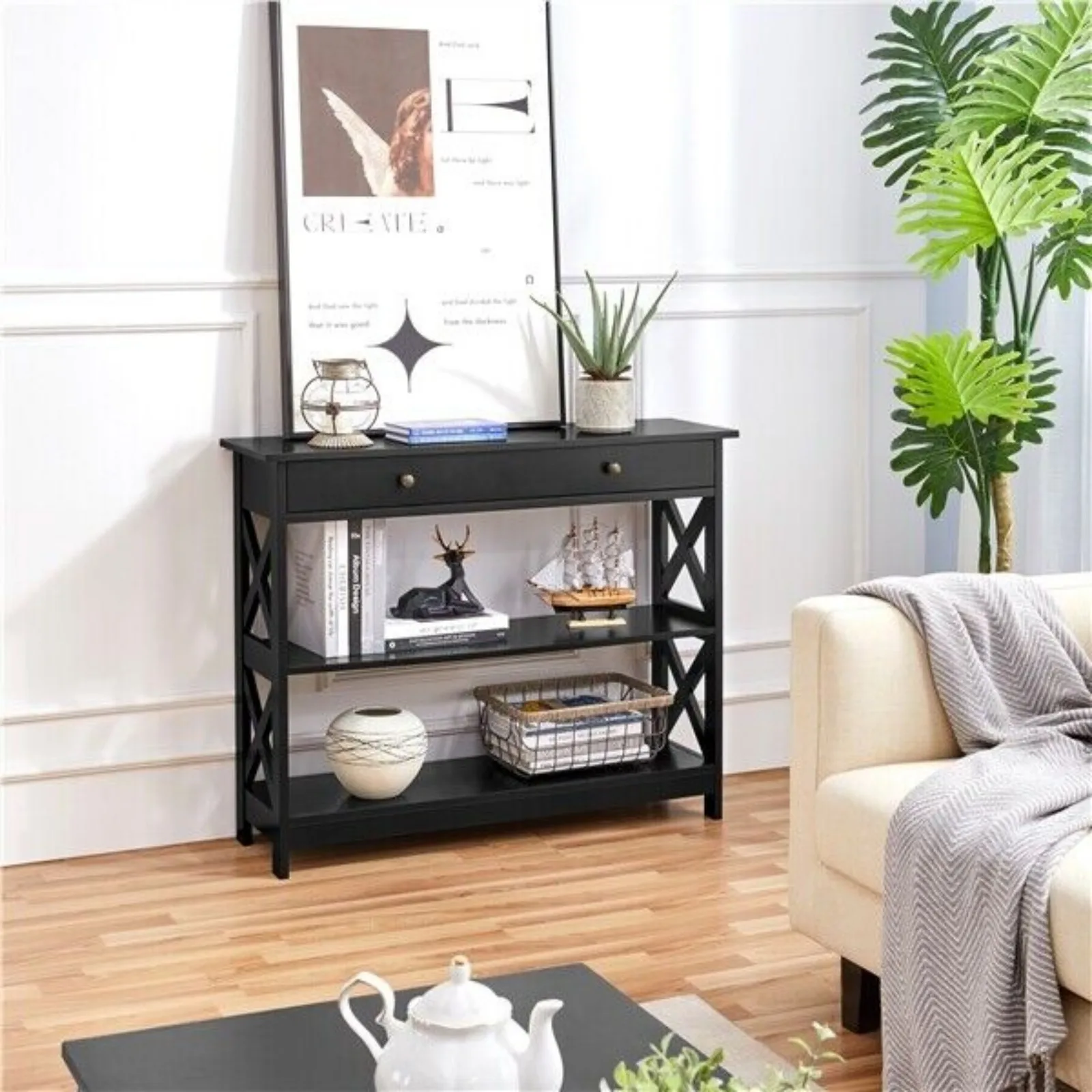 

Sofa Side Console Table with Drawer and 2 Storage Shelves Narrow Accent Table United States