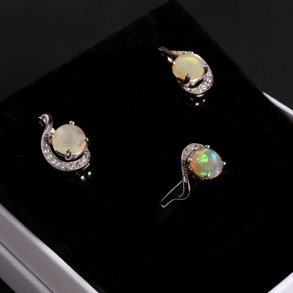 Stunning Silver Earrings & Ring Set for Women & Lady  Natural Opal October Birthstone Fashion Jewelry for Birthday Party gift