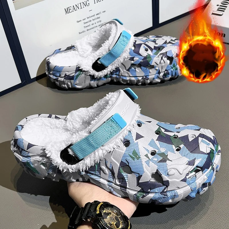 Men's Autumn and Winter Outerwear, Fleece-Lined and Thickened, Warm Toe-Toe Cotton Slippers, Home and Outdoor Cotton Shoes