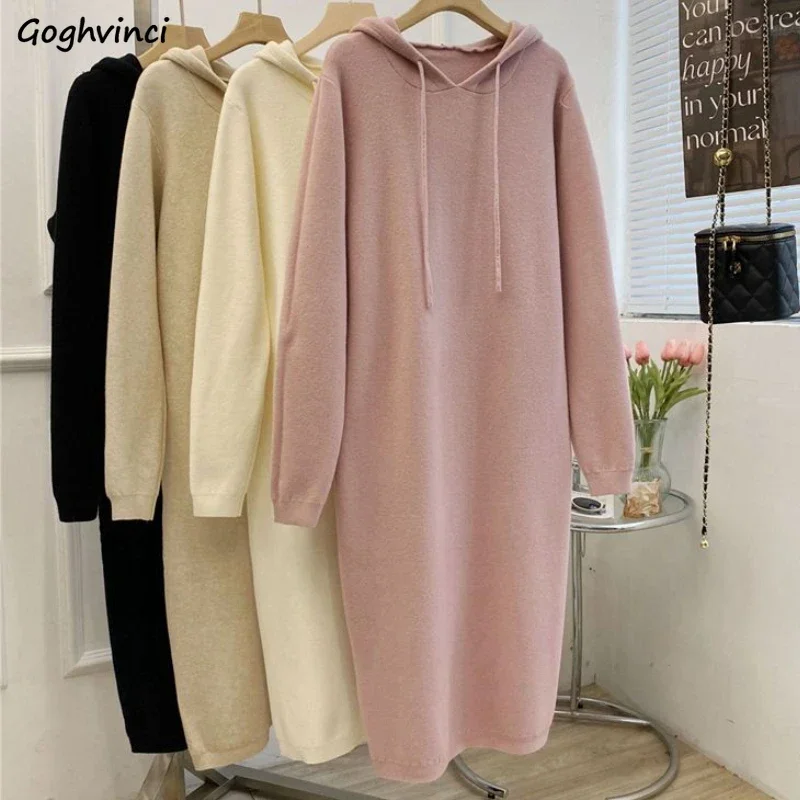 Knitted Hooded Dresses Women Y2k Kawaii Candy Color Long Sleeve Dress Loose Simple Autumn Winter Sweet College Midi Vestidos