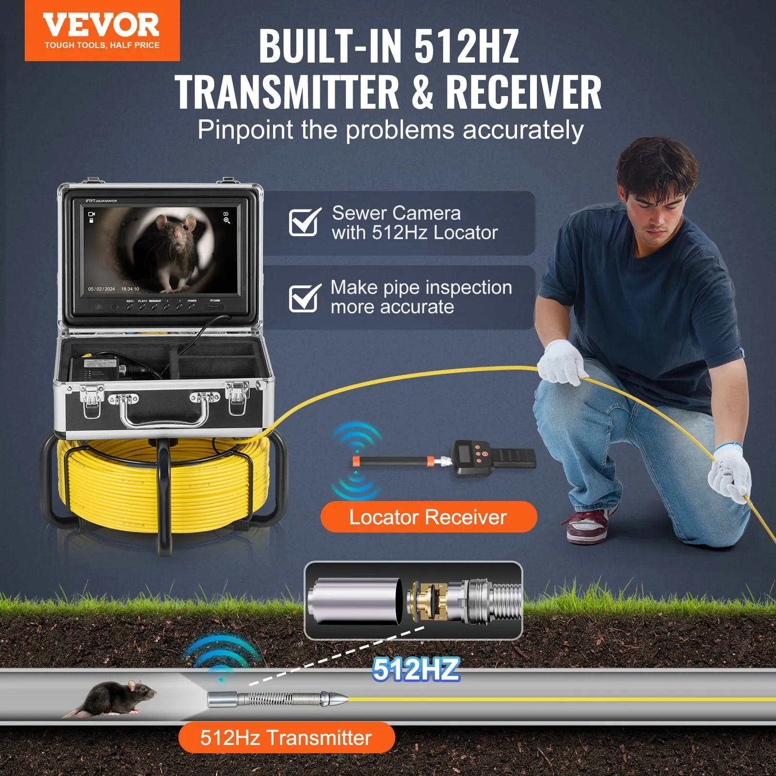 

Sewer Camera With 512Hz Locator, 98 Ft/30 M, Self-Leveling Drain Inspection Camera With 9" 1080P HD Screen, 36X Zoom, Snake