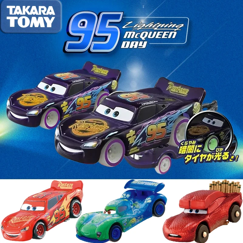TAKARA TOMY Genuine Disney Cars Lightning McQueen Inertial Pull Back Diecast Car With Lights Tongue Movable Collectible Toy