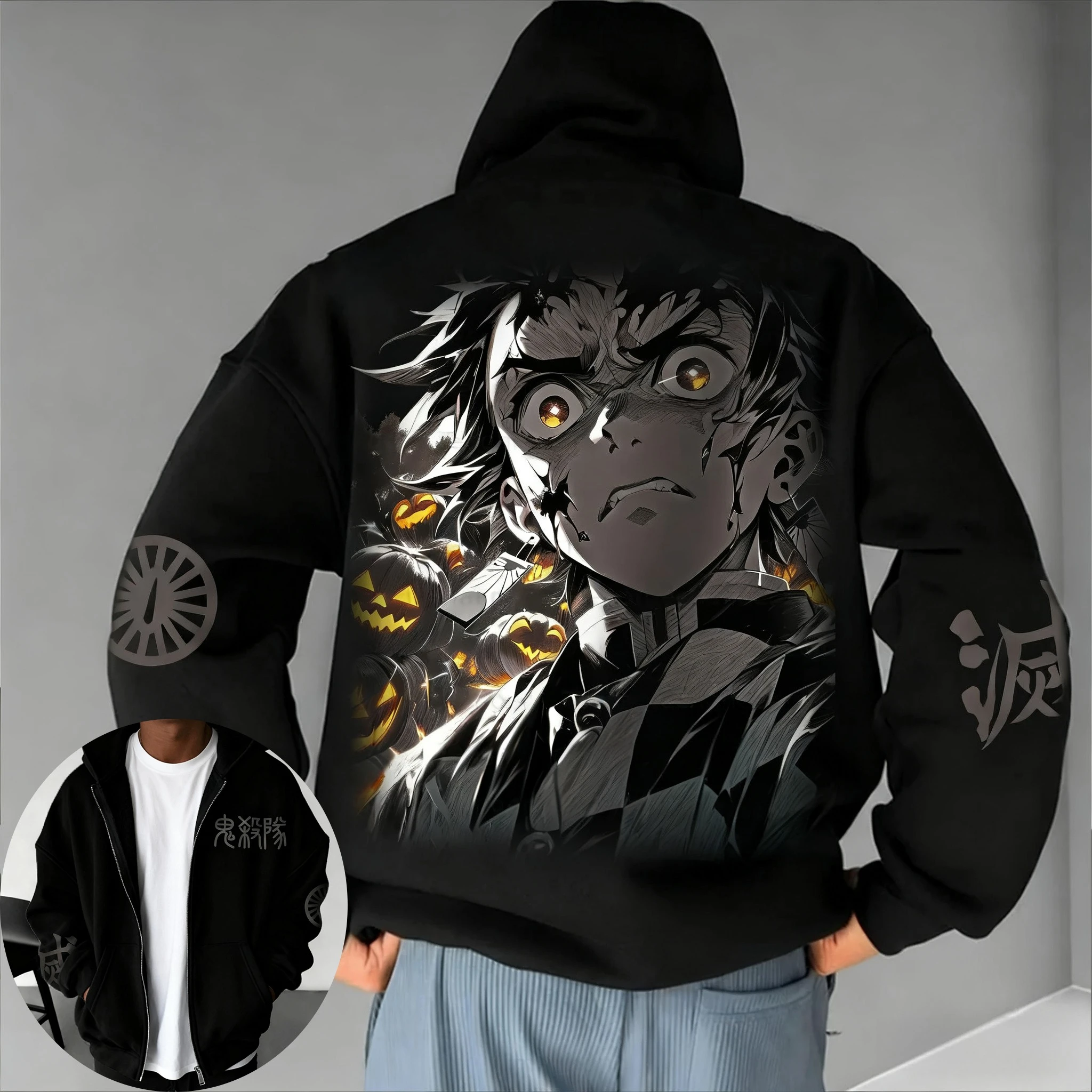 Demon Slayer Halloween Men's Zipper Hoodie Autumn/Winter New Anime Printed Harajuku Plus Size Casual Loose Sweater Versatile Top