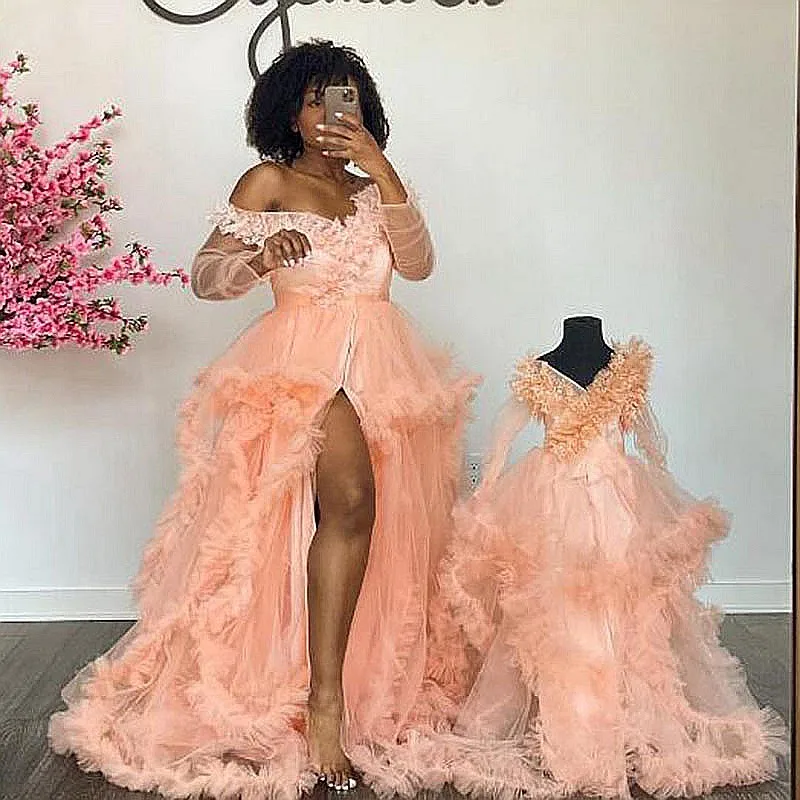 Peach Mother And Kids Tulle Dress Off Shoulder Side Split Long Sleeves  Mom And Me Birthday Gowns For Photo Shoot Custom Made