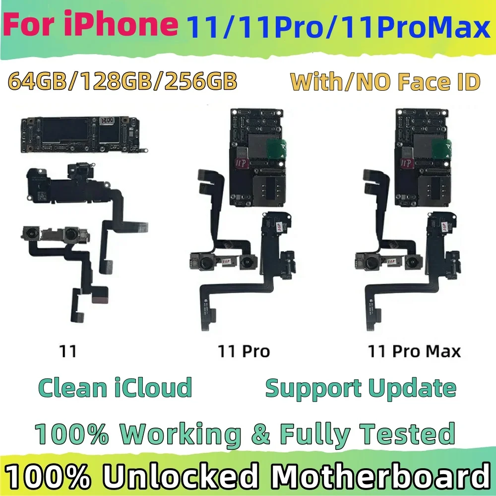 100% Tested For iPhone 11 pro max Motherboard With/No Face ID Logic Board Clean iCloud Support ios Update Unlocked Mainboard