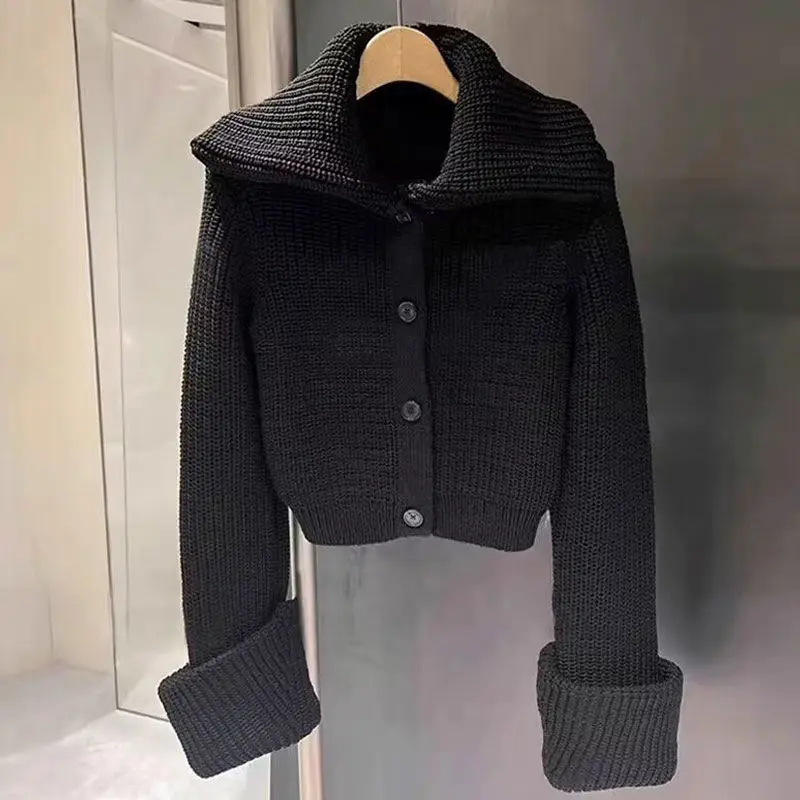 Shpmishal Korean Fashion Collar Top 2024 Autumn Women's New Lazy Style Black Thick Knitted Cardigan Coat Female Clothing