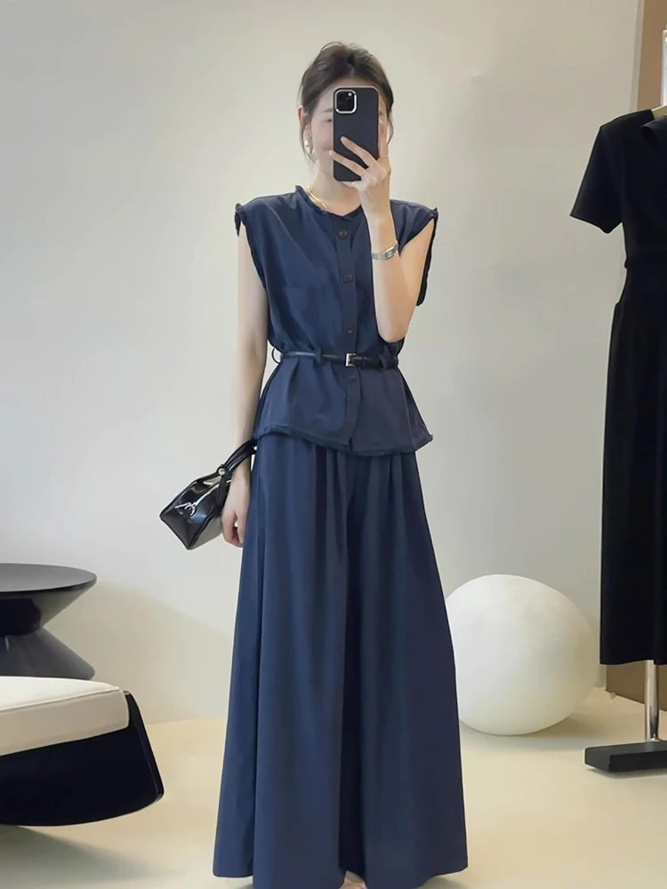 

Корейский стиль, темперамент, высококачественная рубашка контрастного цвета с круглым вырезом на талии + повседневные широкие брюки, женский летний модный комплект