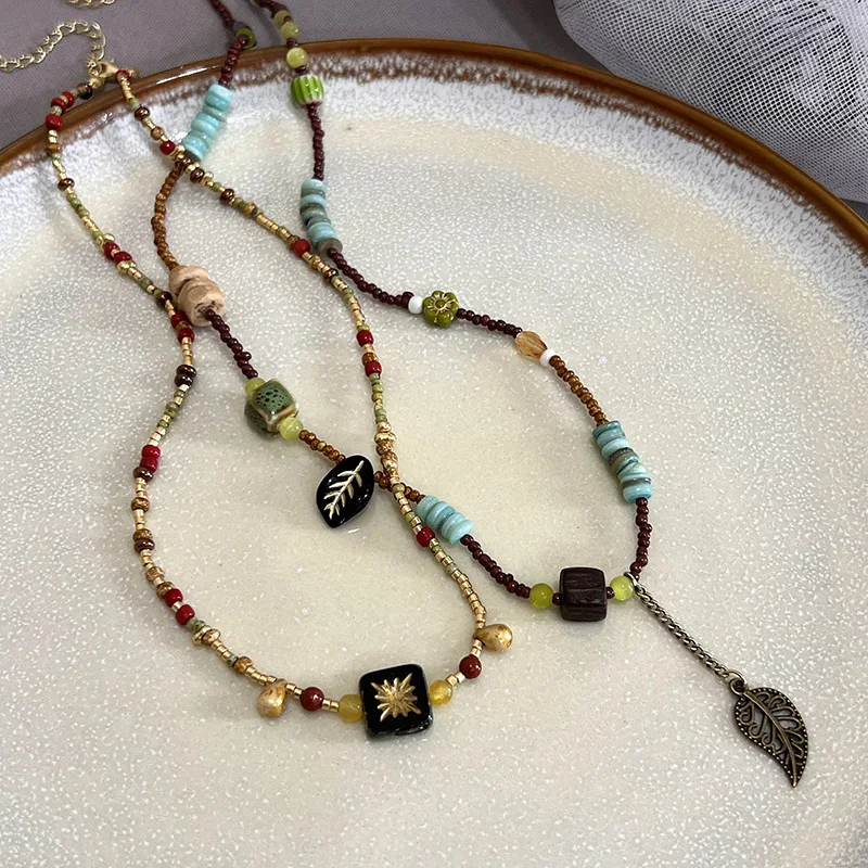 Premium Color Block Green Leaf Resin Bead Necklace Vintage Ethnic Collarbone Chain Stackable Daily Standard Length