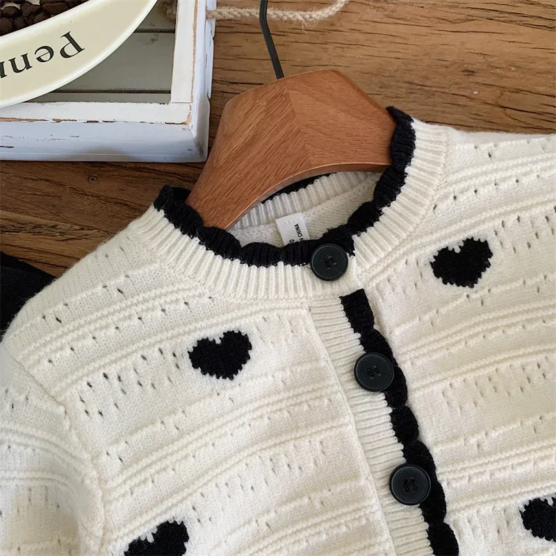 2024 Baby Girl Fall Clothes Black and White Stitching Heart Pattern Knit Sweater Cardigan Black Skirt Sets Cute Outfit Set 2-7y