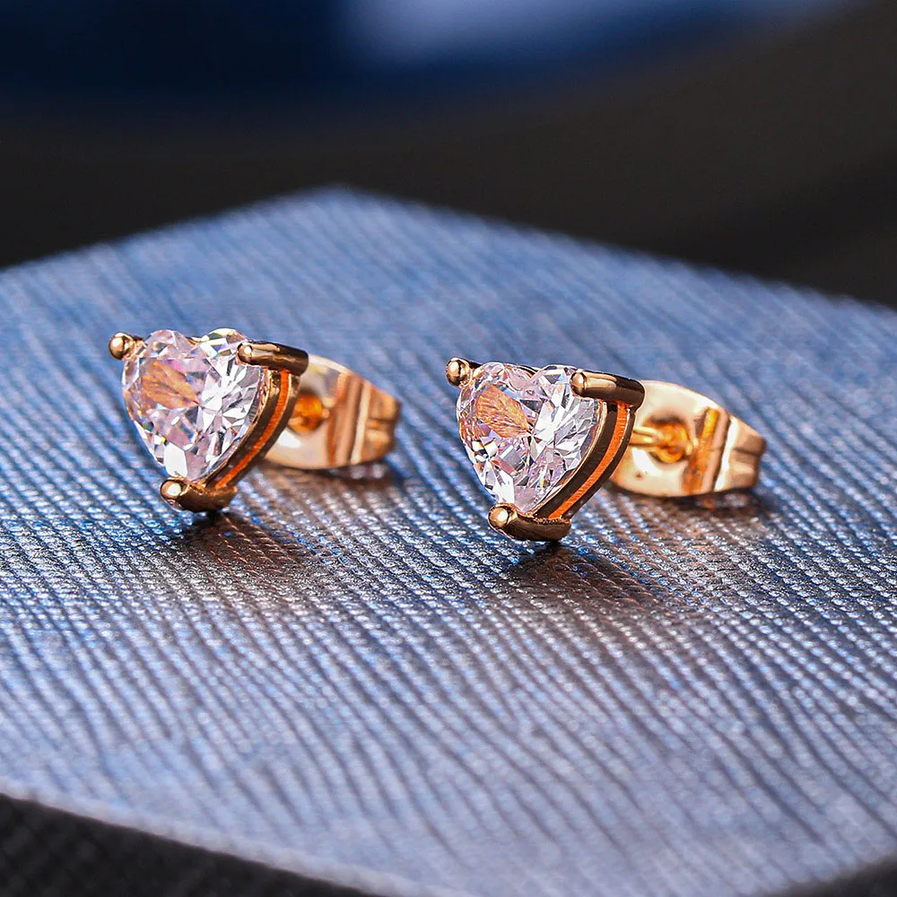 ZHOUYANG Love Heart Stud Earrings For Women Korean Style Zircon Rose Gold Gold Color Stud Ear Ring Accessories Jewelry Gift E342