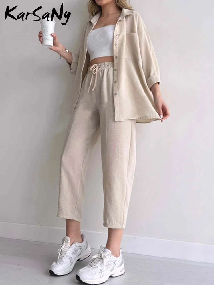 KarSaNy 2 Piece Pants Sets Womens 2023 Autumn Women Suits Sets Elegant Two Piece Loose Shirts Harem Pant Set  For Women Fall