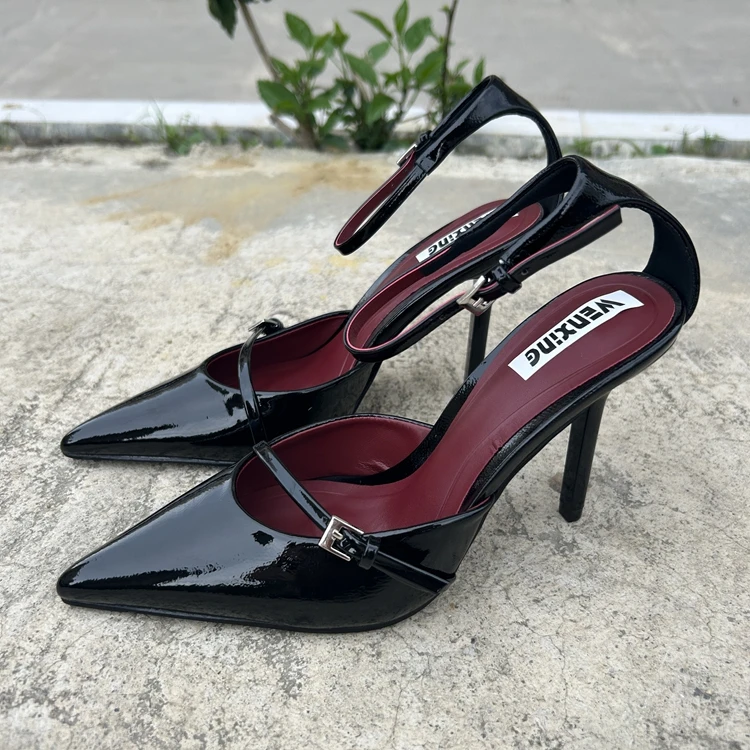 

Модные летние новые модные универсальные босоножки на тонком каблуке из лакированной кожи с острым носком для женщин