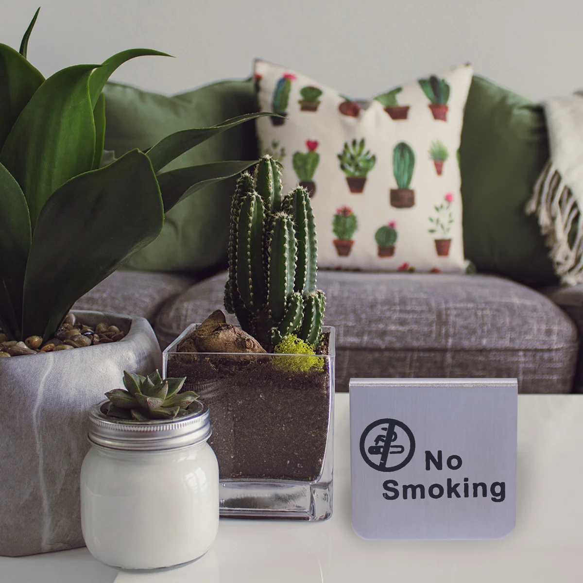 Paquete de 3 tarjetas de mesa de acero inoxidable para No fumar, tienda de escritorio de doble cara para exteriores