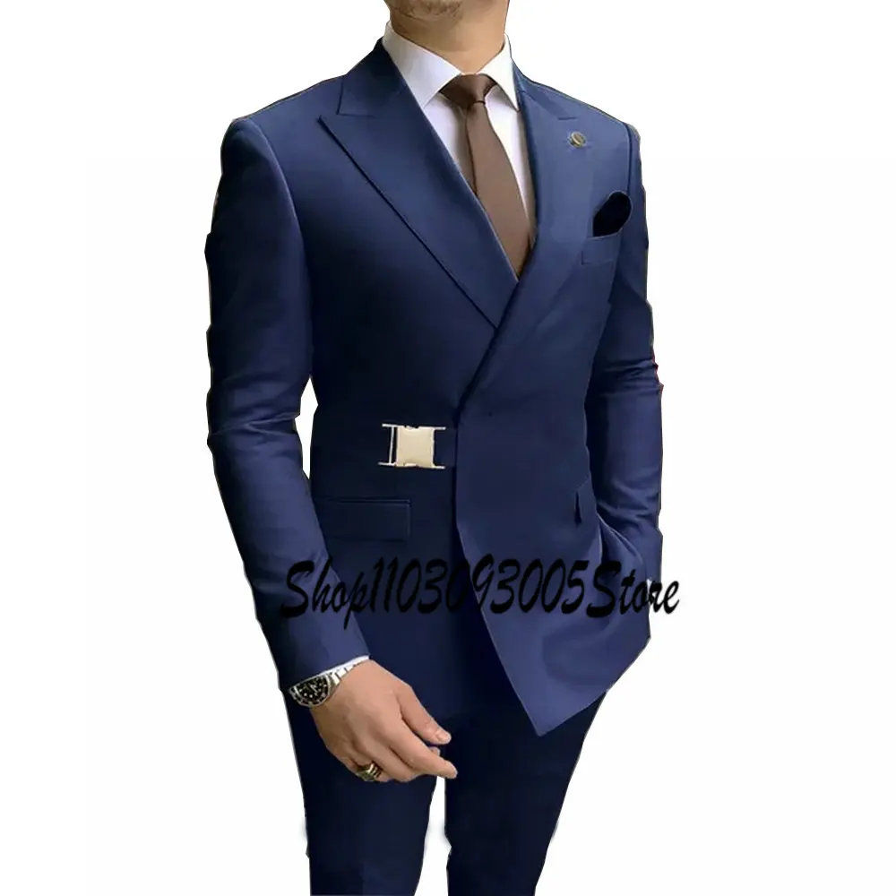 

Formal Navy Blue Men Suits Slim Fit New Arrival Double Breasted Casual Clothing Wedding Fashion Male Party Suit 2 Pieces Sets