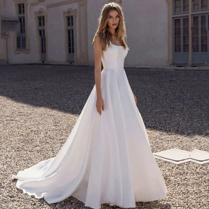 

Church White Satin Wedding Dresses 2024 Vestido De Noiva Princess Wedding Gowns Backless Square Bridal Dress Lace