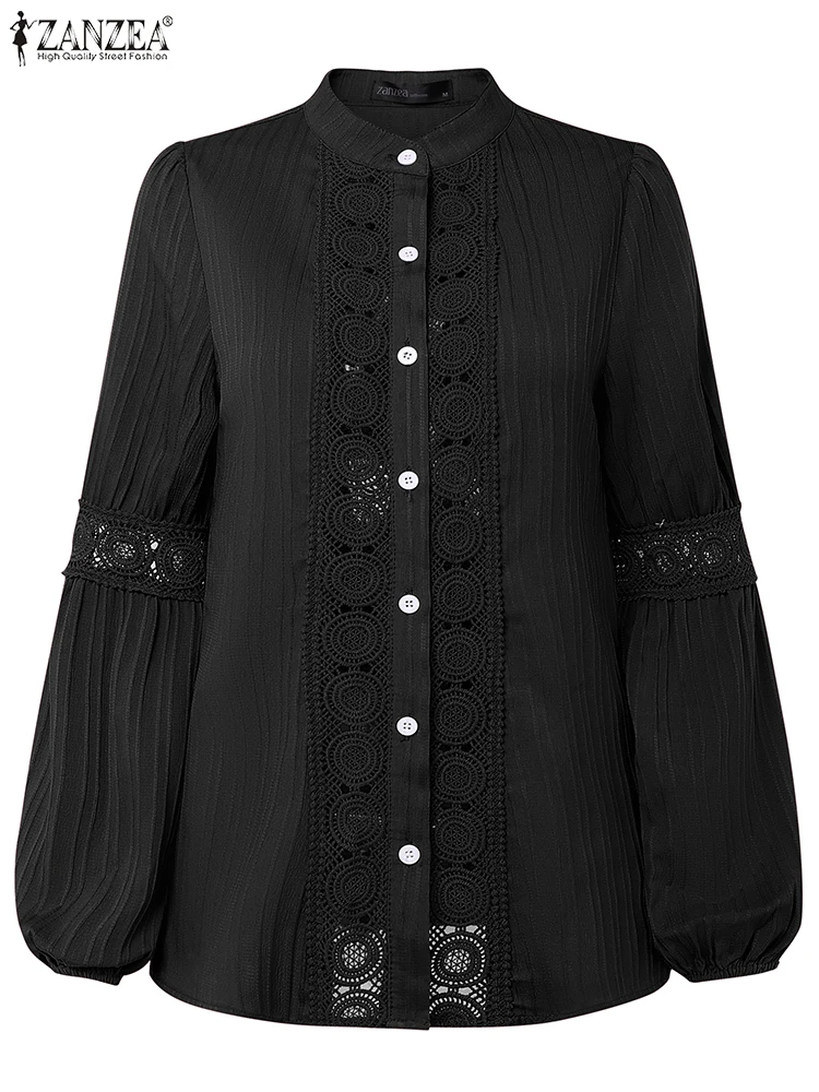 

ZANZEA Elegant Shirts Autumn Office Tops 2025 Women Long Sleeve Tunic Casual Lace Hollow Out Blusas Solid Color Tops S-3XL