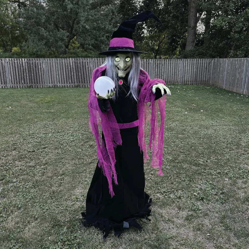 EQHaunted Hill Farm 6-Ft. Tall Fortune Teller Witch,Plug-in Motion-Activated Talking Scare Prop Halloween Animatronic for Indoor