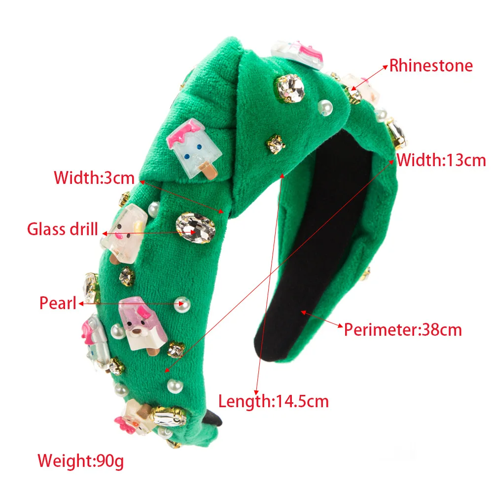 Cartoon Girl Ice Cream Accessories Flannel Headband Hand-Stitched Glass Charms Gemstones Sequins Pearl Knotted Hairband