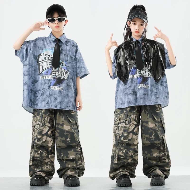 2025 Nowe kostiumy do tańca jazzowego dla dziewczynek Luźne koszule Czarna skórzana kamizelka Spodnie kamuflażowe Garnitur Chłopcy Hip Hop Dance Clothes DQS19512